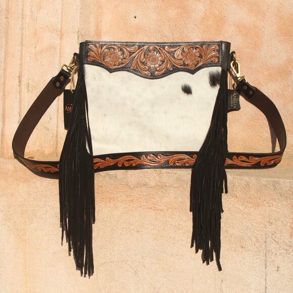 Women Hand-Tooled Hair-On Shoulder Fringe Bag - Picture 4 of 10